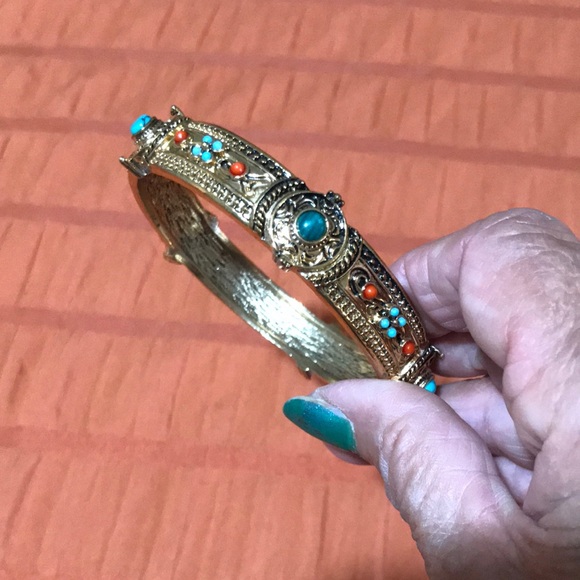Vintage bracelet Jewelry - Gold-Tone Turquoise & Coral Accent Bangle Bracelet.
